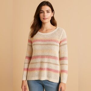 Chico’s Open-Weave Striped Lightweight Sweater – Size 2 (US Large)